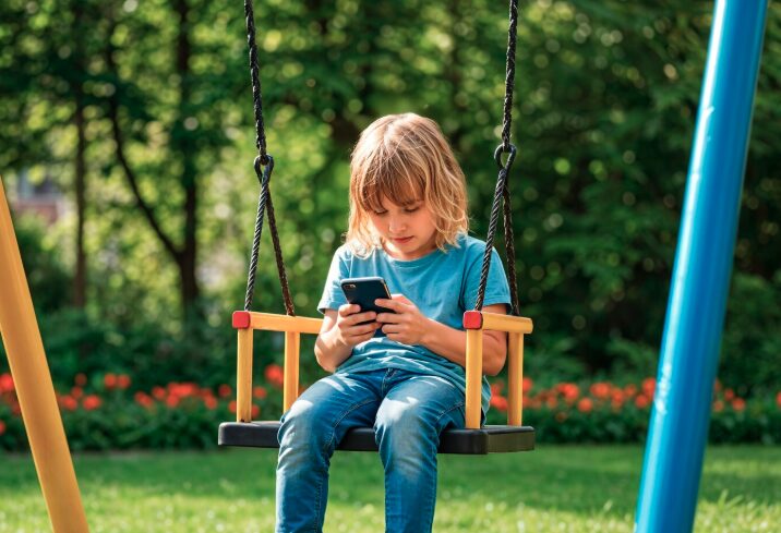 A young girl on a swing looking at a smartphone