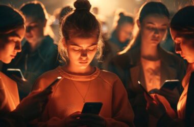 A group of young people staring at their phones in the search of the social media dopamine affect