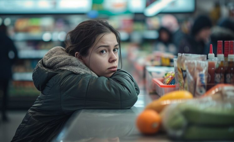 A young middle woman leaning over a counter, worried about rising grocery prices