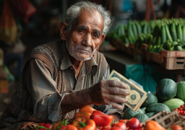An old middle man holding money he got from selling vegetables