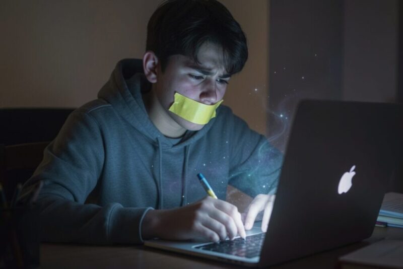 Young man behind laptop with tape over mouth