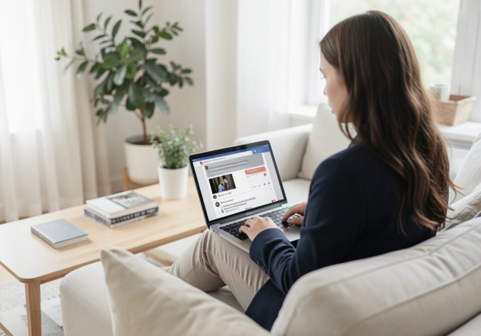 A young woman sitting on a zofa with her laptop and checking her messages on social media