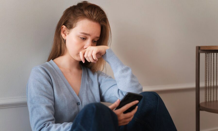 A sad young girl looking at her smartphone dealing with online shaming