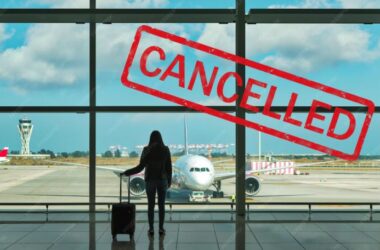 A woman with a suitcase watching a parked plane due to flight cancellations