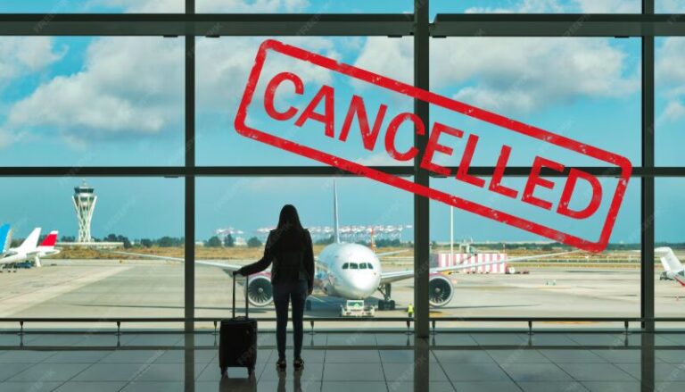 A woman with a suitcase watching a parked plane due to flight cancellations