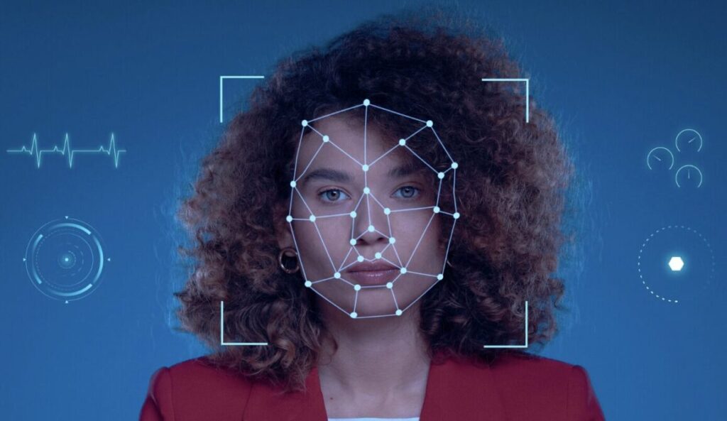 A young woman's face being scanned for deepfake image