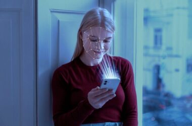A young woman having her face scanned for AI photos