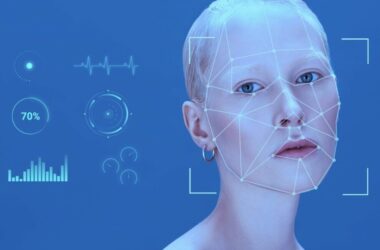 A woman's face getting scanned with AI tool