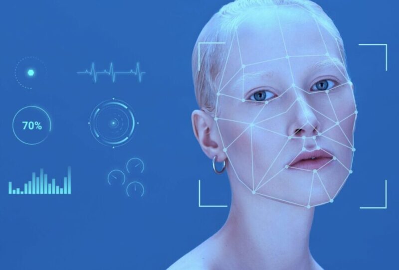 A woman's face getting scanned with AI tool