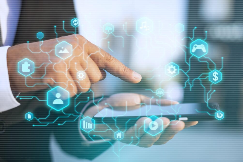 Hand of a man using tablet and moder technology
