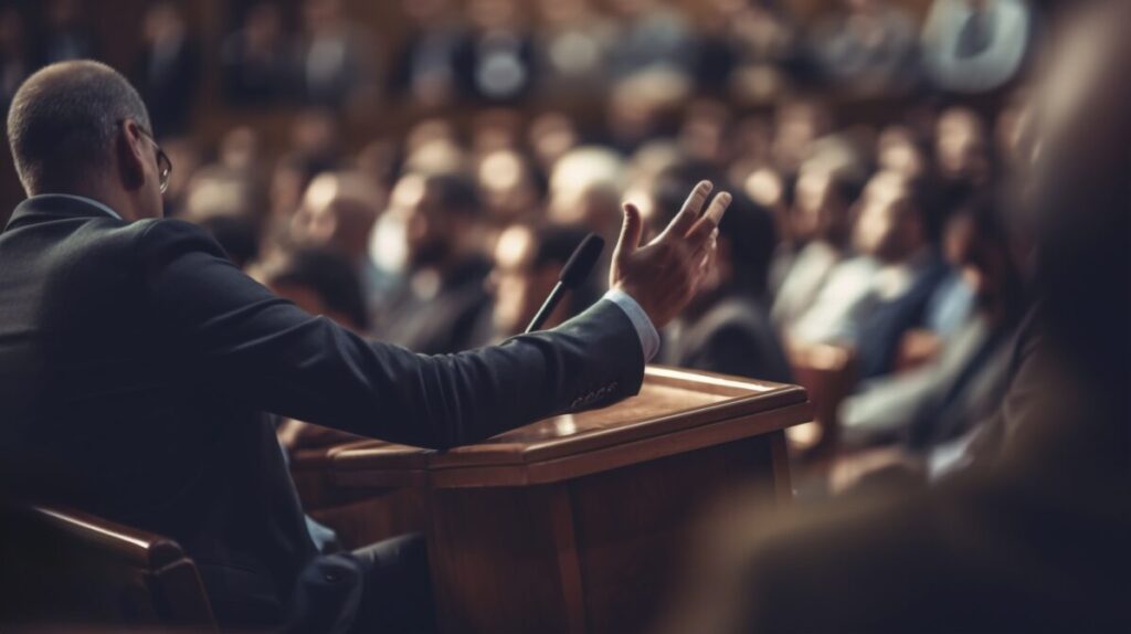 A politician talking in front of a large group of people