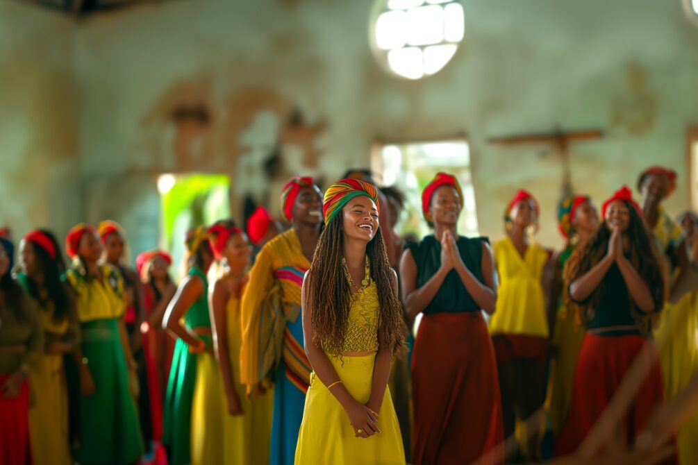 A group of African women laughing and singing