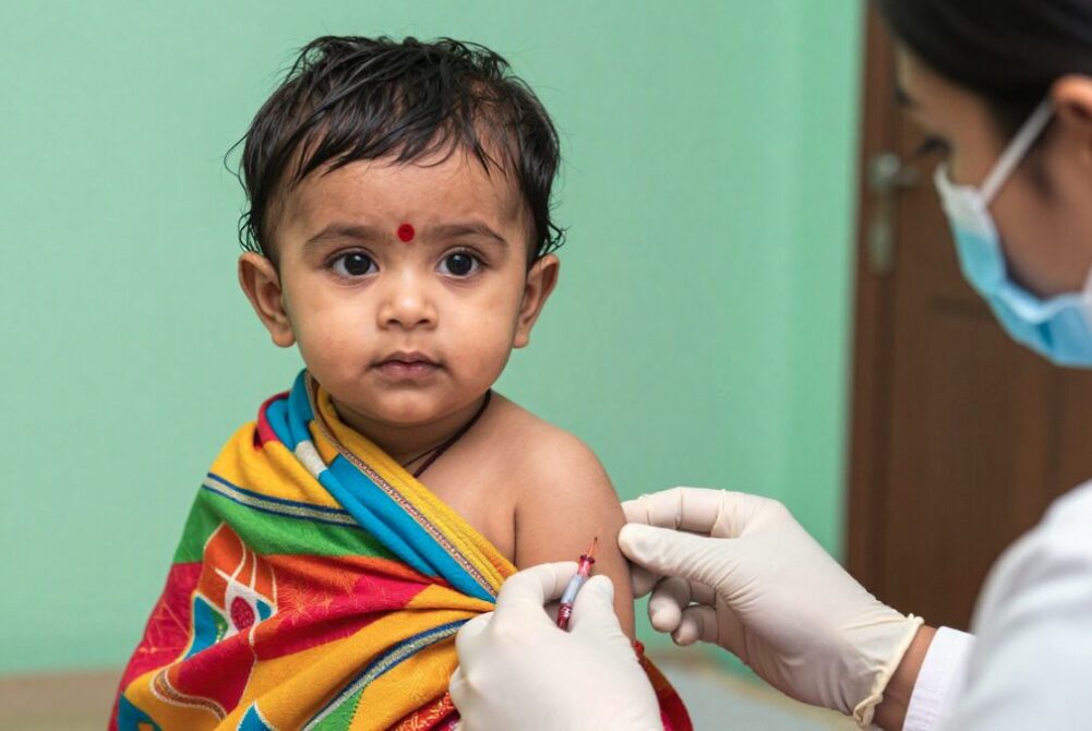 An Indian baby getting a vaccine shot.