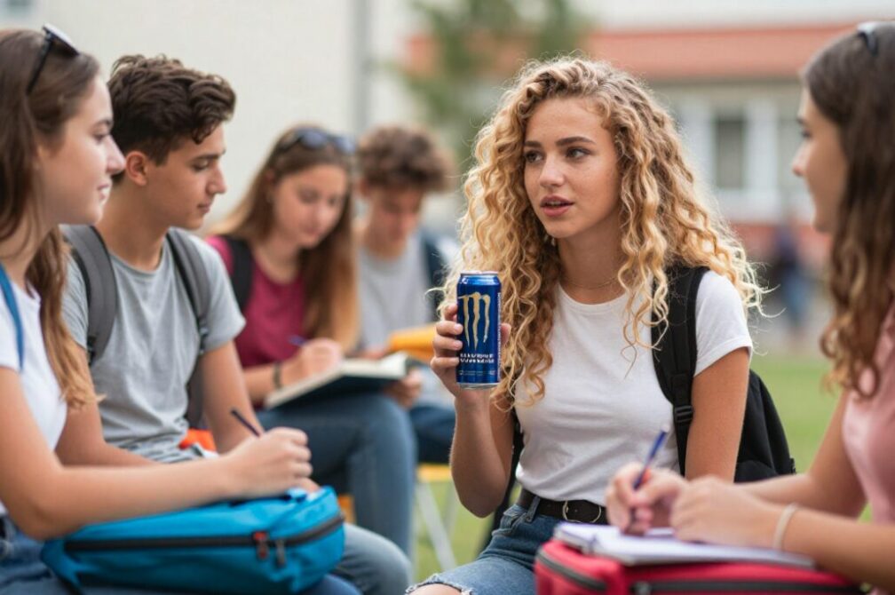 A teenager drinking energy drink during school break