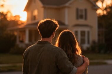A young couple standing in front of a house, dreaming of owning it