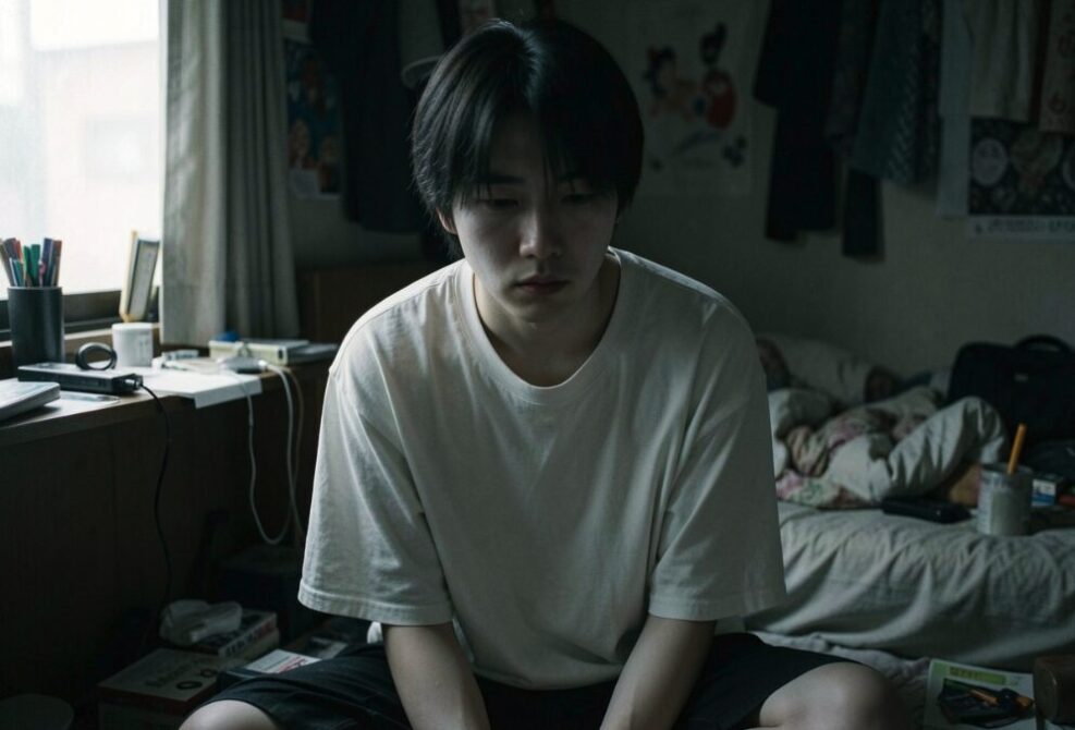 A young person, hikikomori, sitting in his room