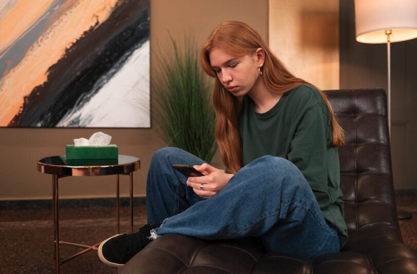 A lonely young woman scrolling through her smartphone.