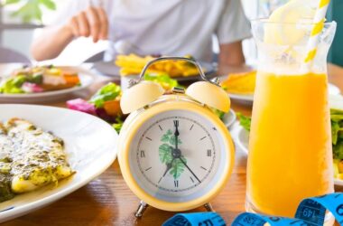 A table with clock and food prepared for ntermittent fasting
