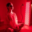 Young woman sitting on the floor using a red light therapy panel