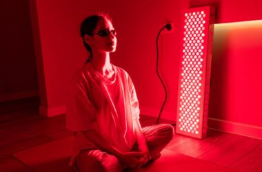 Young woman sitting on the floor using a red light therapy panel