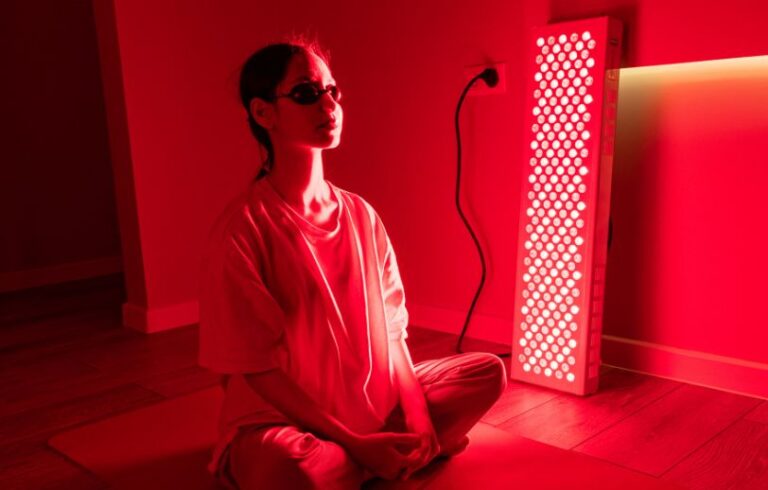 Young woman sitting on the floor using a red light therapy panel