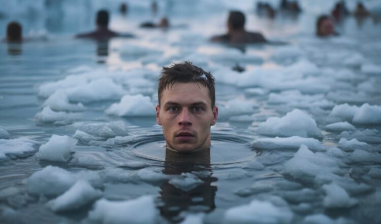 A man swimming in an iced lake.